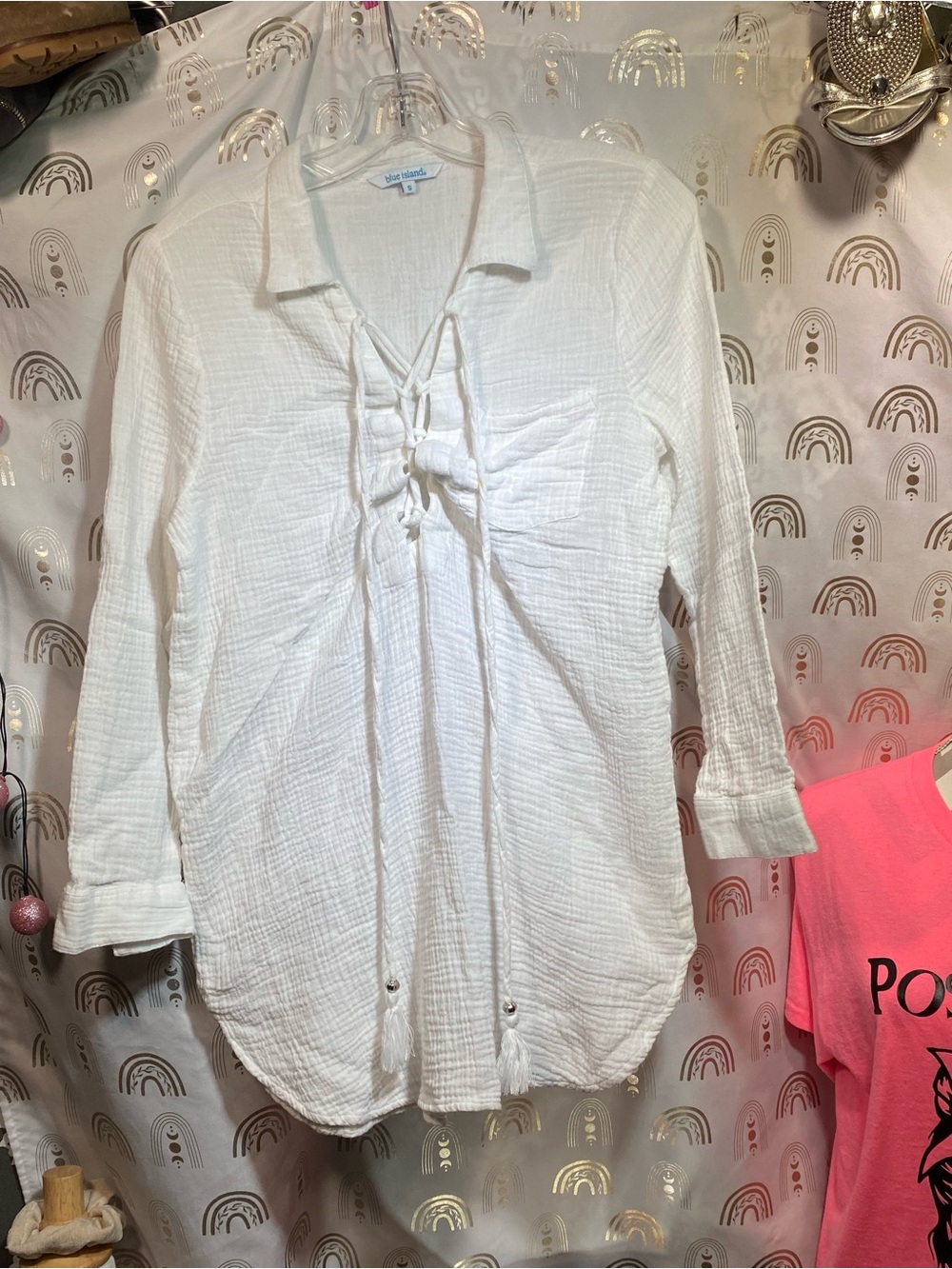 blue island White Gauze Lace-Up Tunic Top
